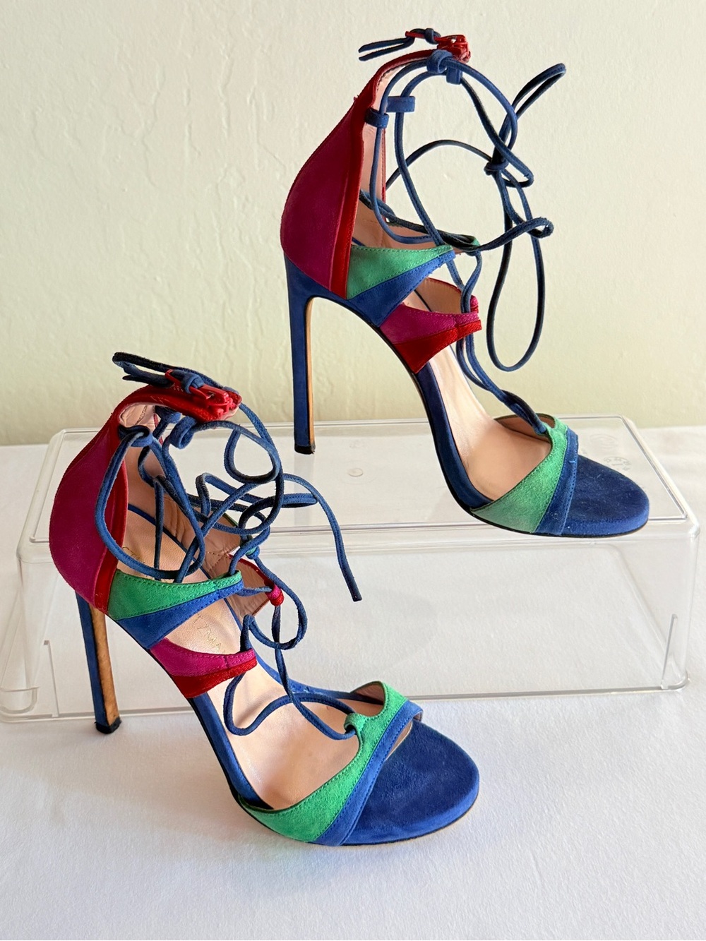 Stuart Weitzman Razzle Multicolor Suede Lace Up Stiletto Sandals Size 7 - Picture 8 of 16